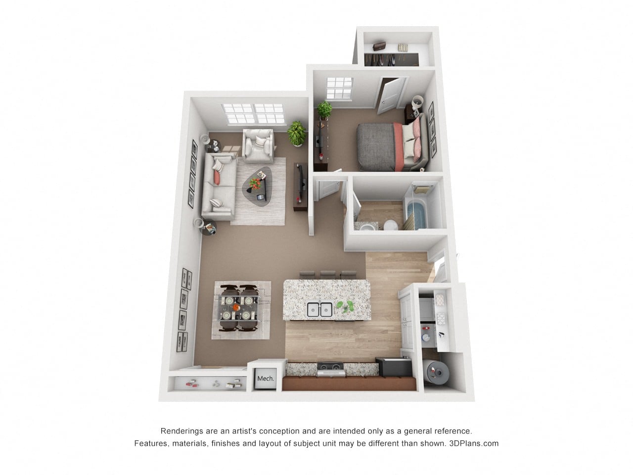 Floor plan for 1 bed, 1 bath, 693 sqft